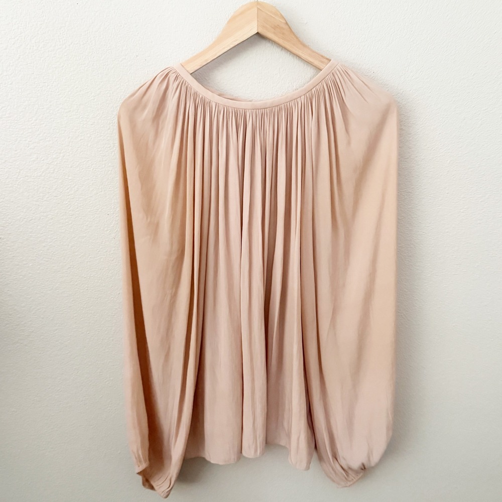 Ramy Brook Nude Blush Pink Tie Front Peasant Blouse Balloon Sleeve Large - Picture 5 of 7